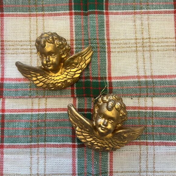Vintage Gold Cherub Angel Blow Mold Christmas Tree Ornaments Set of 2 - Picture 1 of 3